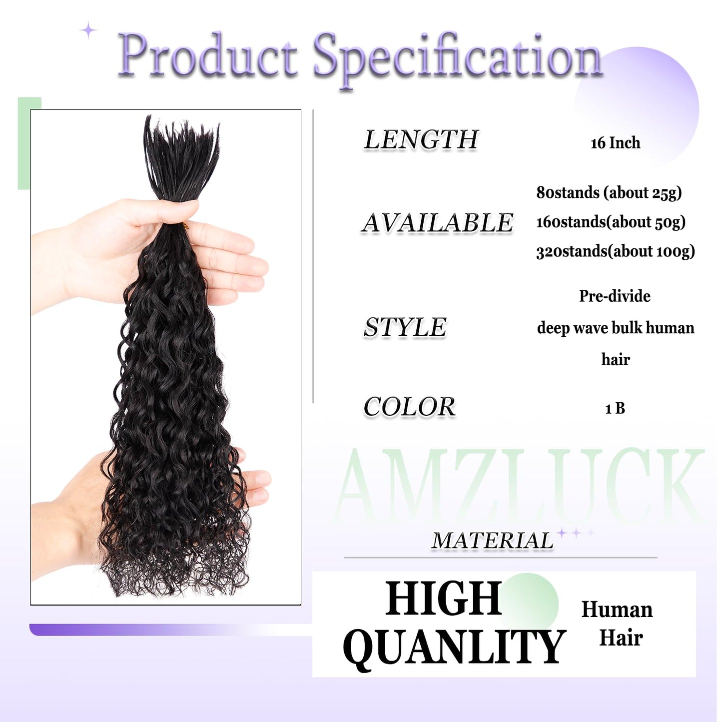 Pre-Divided Human Braiding Hair for Boho Braids Water Deep Wave Human Hair Bulk for Braiding Curly Human Hair for Boho Locs Boho Crochet Braids Human Hair Extensions (1B, 16"-320Strands)
