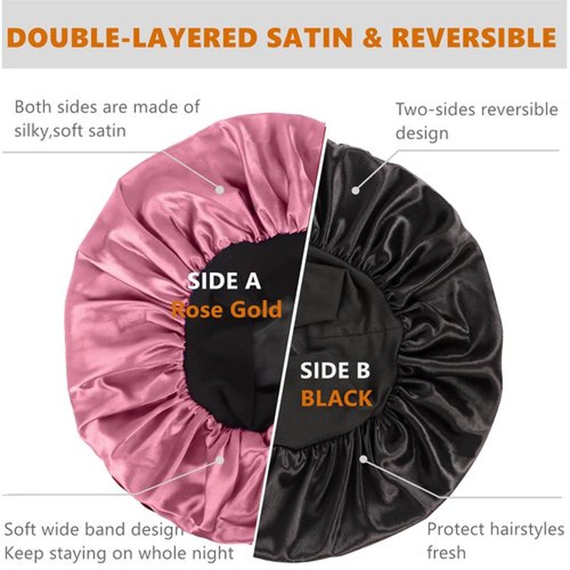 Bonnet for Men,Hair Bonnet for Sleeping,Double Layer Satin Bonnets for Black Women Curly Hair Braids,Reversible Sleep Cap (Large,Black/Rose Gold)