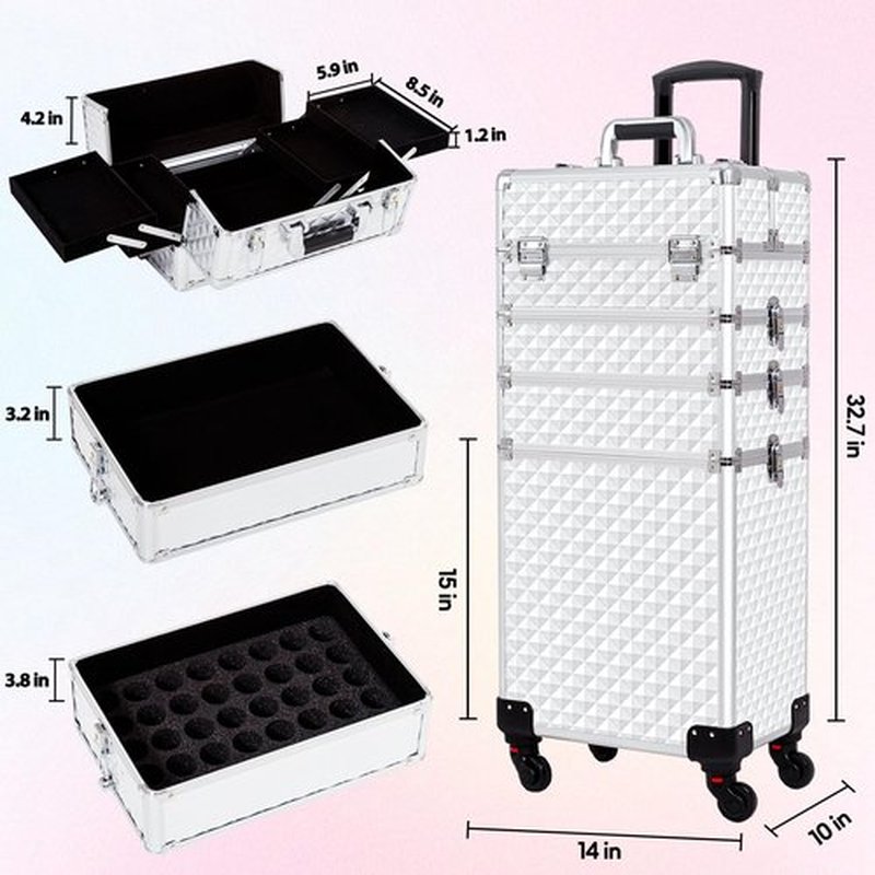 AROUS Rolling Makeup Train Case Large Storage Cosmetic Trolley 4 in 1 Large Capacity Trolley Makeup Travel Case with Key Swivel Wheels Salon Barber Case Traveling Cart Trunk, Silver