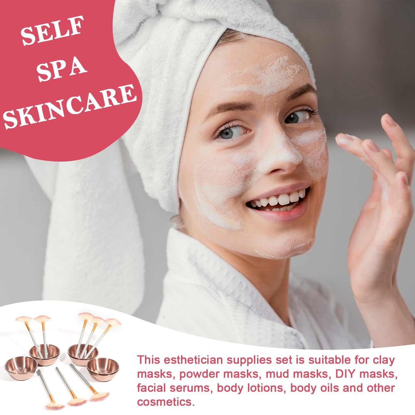8 Pcs Rose Gold Esthetician Supplies 4 Facial Fan Brushes Esthetician 4 Rose Gold Stainless Steel Mixing Bowls Face Mask Brush Facial Bowls Esthetician for Mud Cream Makeup Spa Salon Women