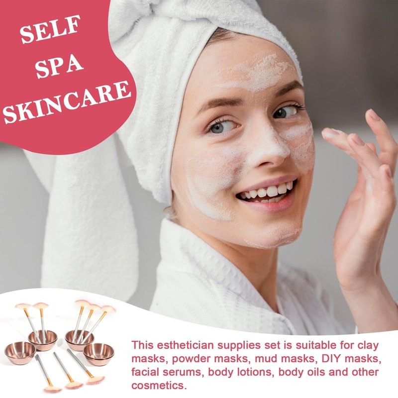 8 Pcs Rose Gold Esthetician Supplies 4 Facial Fan Brushes Esthetician 4 Rose Gold Stainless Steel Mixing Bowls Face Mask Brush Facial Bowls Esthetician for Mud Cream Makeup Spa Salon Women