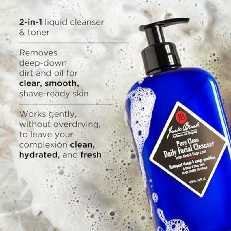Jack Black - Pure Clean Daily Facial Cleanser, 16 fl oz – 2-in-1 Facial Cleanser and Toner, Removes Dirt and Oil, PureScience Formula, Certified Organic Ingredients, Aloe and Sage Leaf