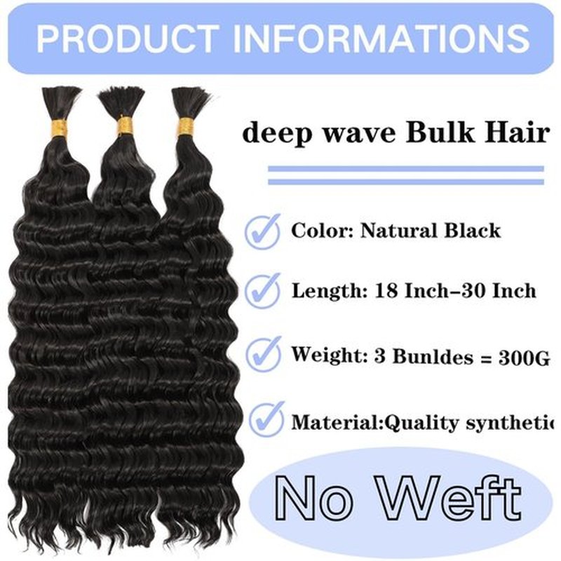 Deep Bulk Hair For Braiding Hair 20inch Wet And Wavy Deep Wave Bulk Hair Quality Synthetic Micro Braiding Hair Extensions for Boho Braids No Weft (3Pack 300g, Natural Color)