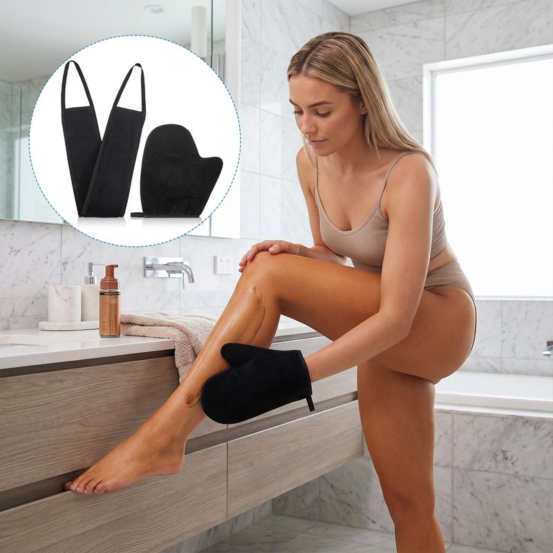 Self Tanning Mitts, Back Self Tanner Applicator Double Sided Reusable Sunless Tanning Mittens 4 in 1 Tanner Gloves with Thumb for Tan Lotion