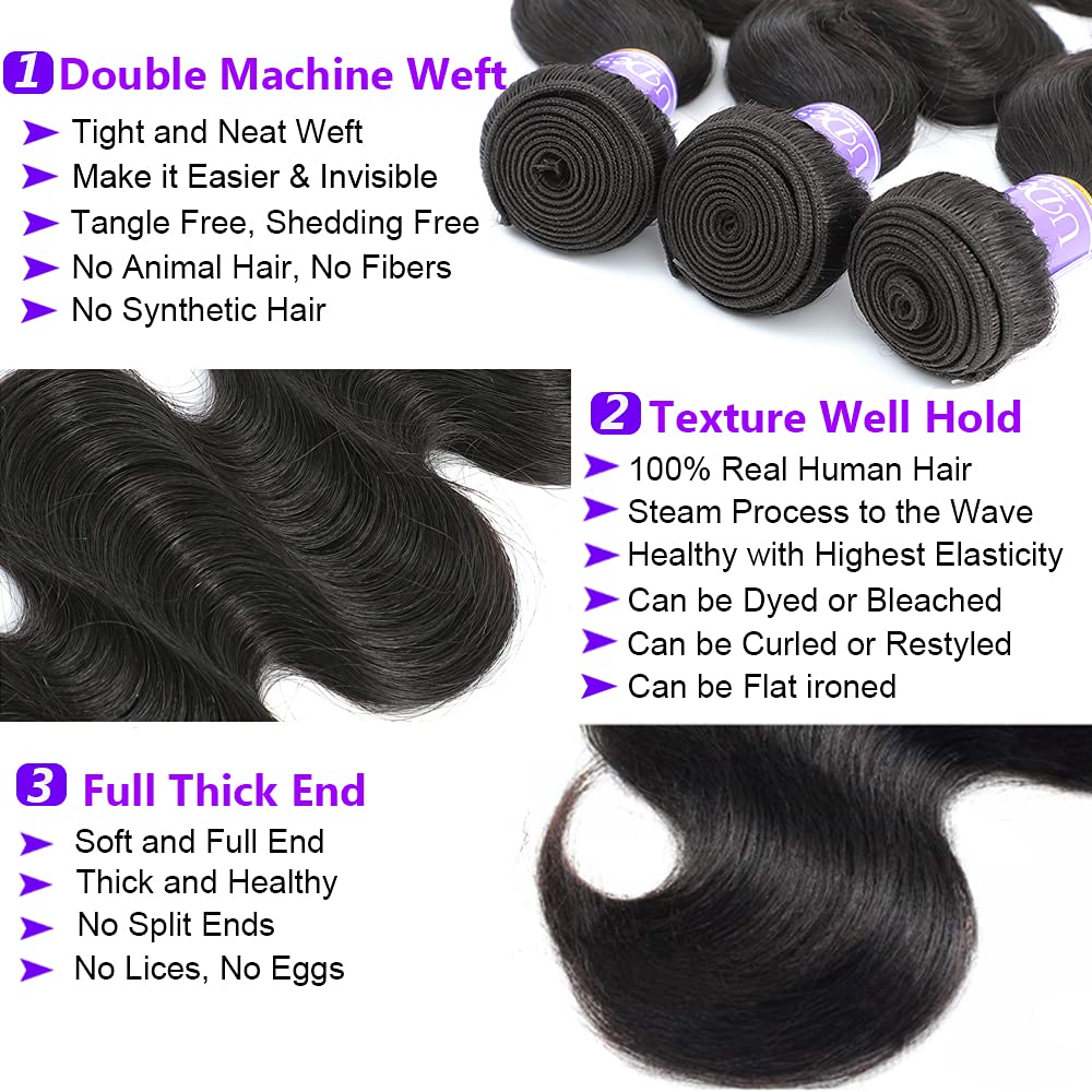 UDesire 12A Brazilian Body Wave Bundles (18 20 20 Inch) Human Hair 3 Bundles Unprocessed 100% Virgin Body Wave Human Hair Weave Bundles Natural Black