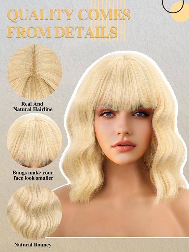FREEMEIGE Short Bob Wigs with Bangs for Women Blonde Bob Wavy Wig Curly Wavy Shoulder Length Bob Wigs Synthetic Cosplay Wig for Girl Colorful Costume Wigs