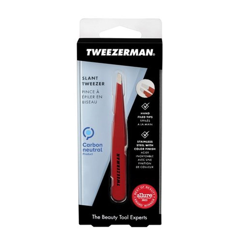Tweezerman Stainless Steel Slant Tweezer - Eyebrow Tweezers for Women and Men (Signature Red)