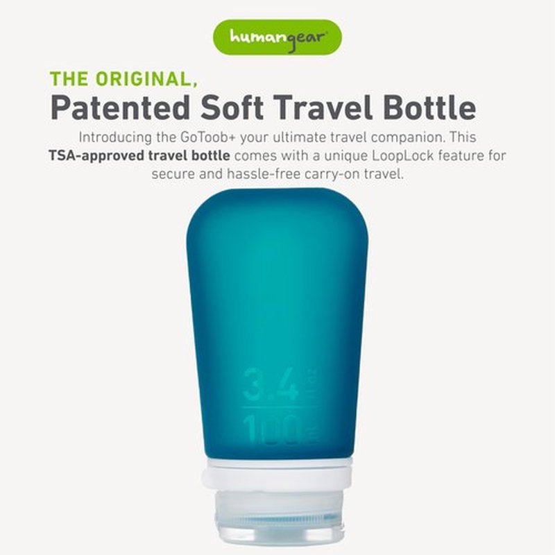 humangear GoToob+ (Large) | Refillable Silicone Travel Bottle | Locking Lid | Food-Safe Material | Teal, Large (3.4 fl.oz.; 100ml)