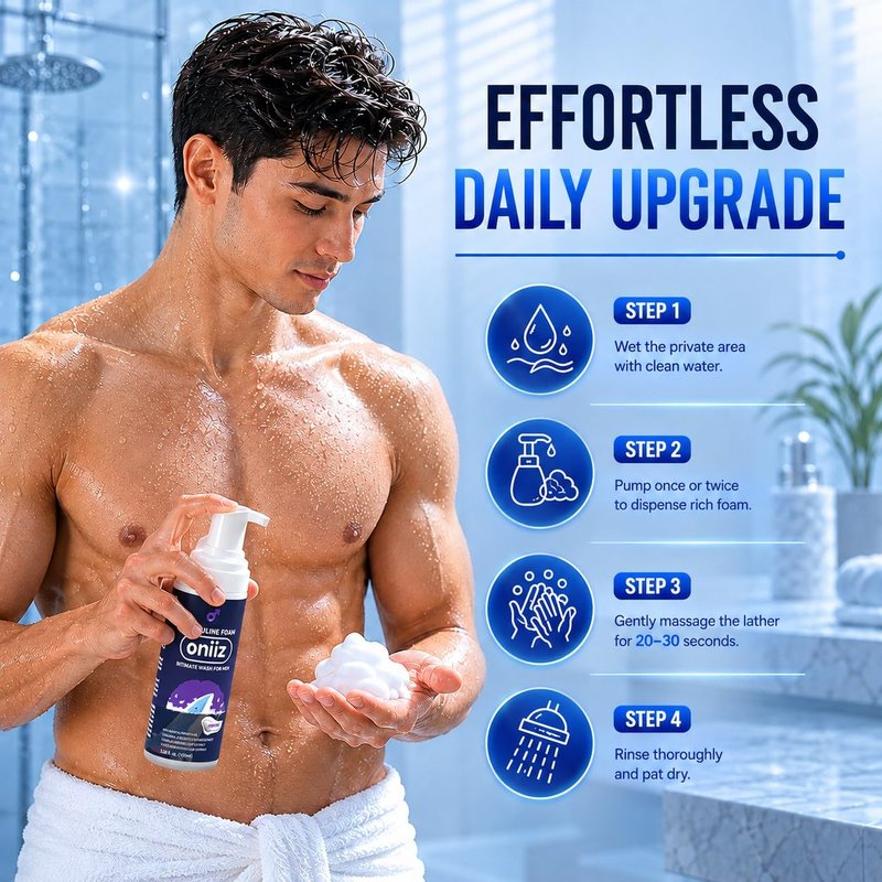 ONIIZ Masculine Foam Men’s Intimate Wash for Odor & Itch Control, pH Balanced Cleanser for Sensitive Skin with Aloe, Chamomile & Green Tea – Perfume (Light Fresh Scent) 3.38 fl oz