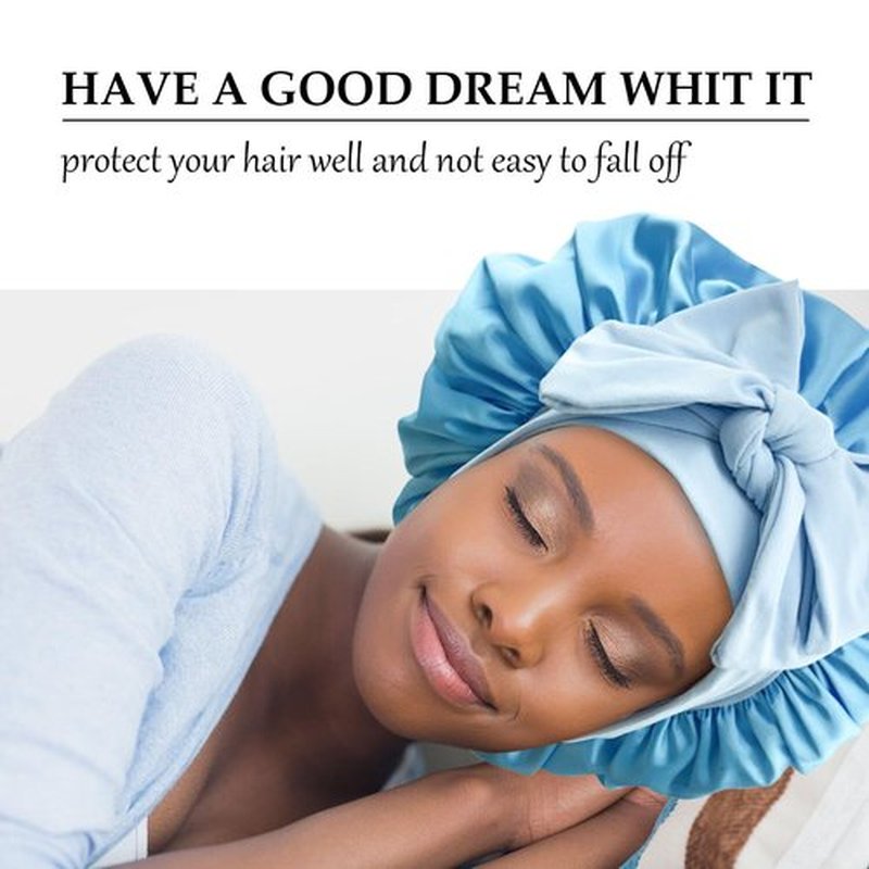 Satin Bonnet Silk Bonnet Hair Bonnet for Sleeping Large Bonnets with Tie Band Hair Wrap with Adjustable Straps Hair Cap Night Sleep Caps for Women Curly Braid Hair(Black,Sky Blue)
