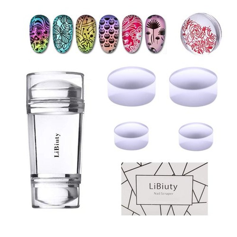 LiBiuty 2Pcs Dual Head Clear Jelly Nail Art Stamper Set 2 Scraper with Extra 8Pcs Silicone Heads Manicure Nail Art Tool