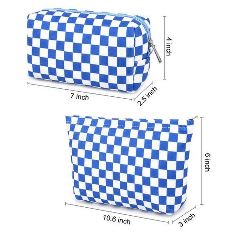 SOIDRAM 2 Pcs Checkered Makeup Bag Large Cosmetic Bag Toiletry Bag Makeup Pouch Travel Bag Organizer Cute Makeup Brushes Aesthetic Accessories Storage Bag for Women Royal Blue