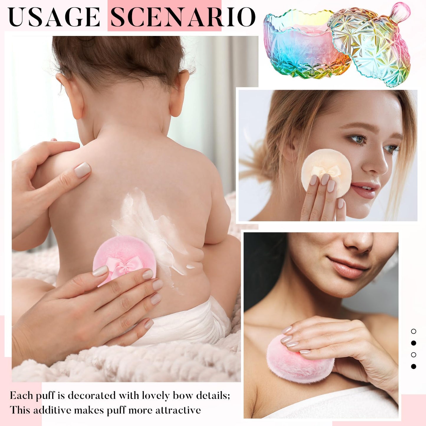 Tioncy 3 Pcs Large Body Powder Puff and Container Powder Container with Puff Crystal Case Soft Washable Reusable Velour Face Body Glitter Wet Dry Makeup(Chic,Colorful)