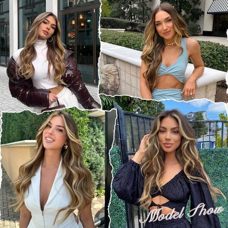ALXNAN Hair Extensions, 4PCS Highlight Clip in Hair Extensions, 20 Inches Mixed Brown & Blonde Long Wavy Natural Soft Synthetic Hairpieces for Women