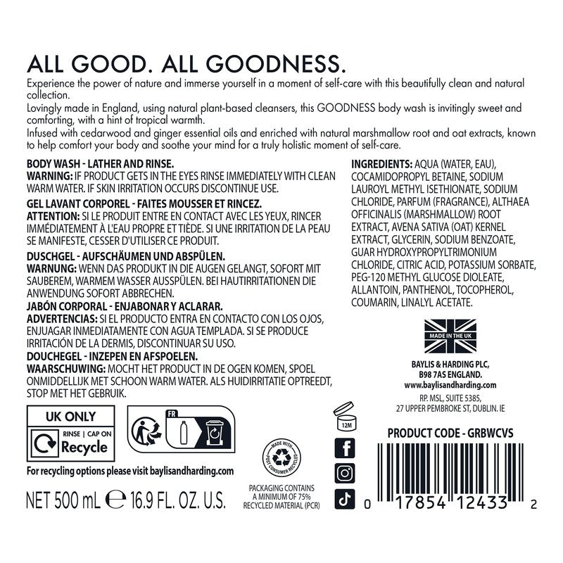 Baylis & Harding Goodness Coconut, Vanilla & Shea Natural Body Wash 16.9Fl.oz, Pack of 3 - Biodegradable Formula