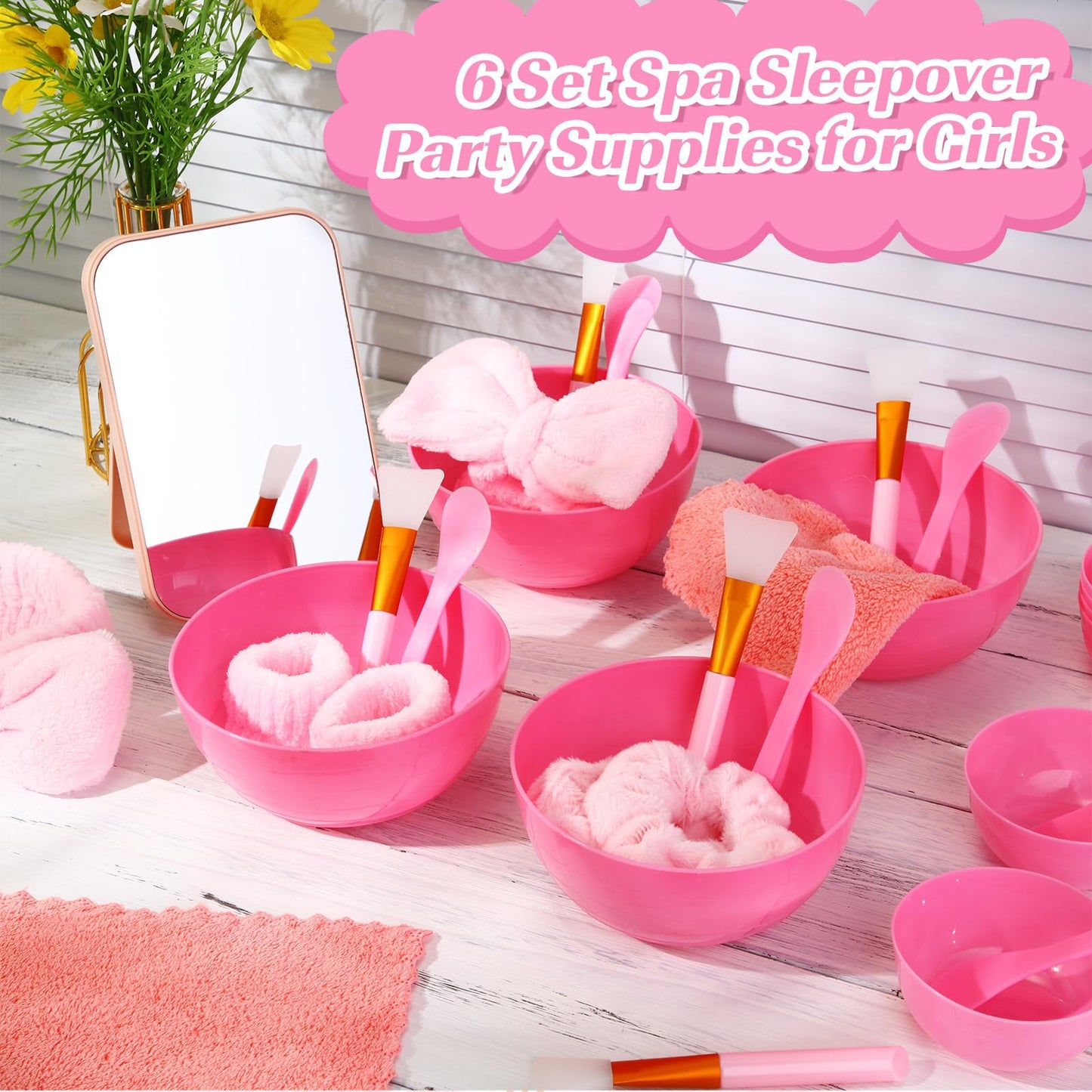 Honeydak 12 Set Spa Party Favors for Girls Sleepover Slumber Party Supplies with DIY Facial Kit Face Mask Mixing Bowl Silicone Brush Headband, Mirror Towel for Birthday Bridal Shower(Pink)