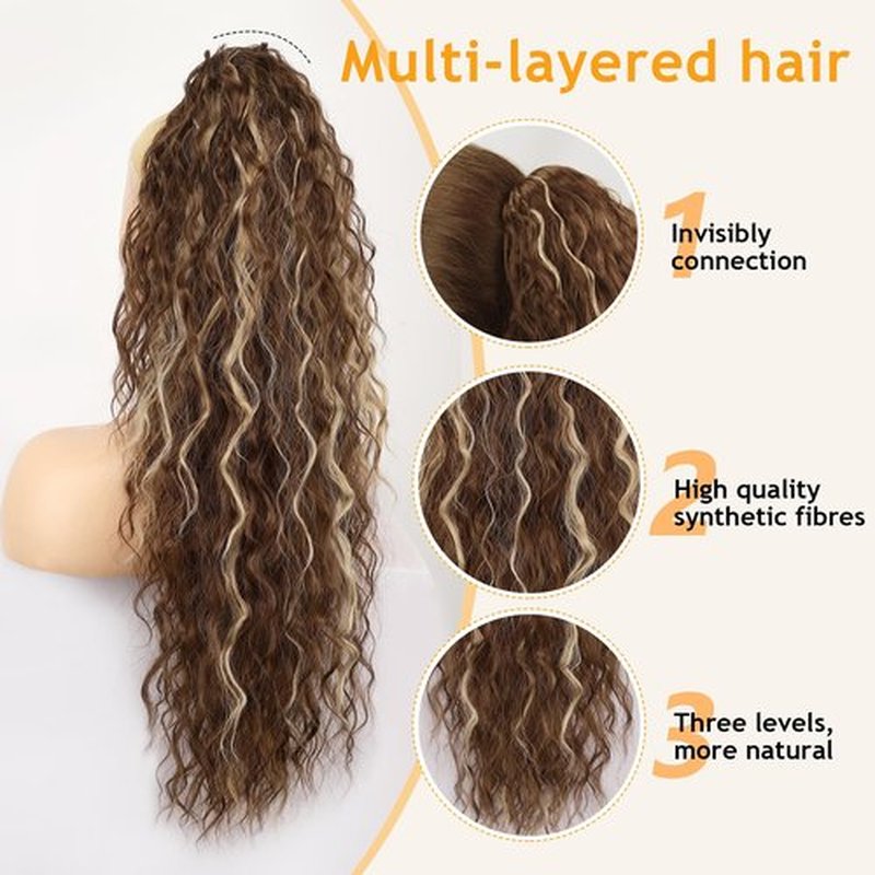 ORSUNCER Ponytail Extension Claw 30" Curly Pony Tail Clip in Claw Hair Extensions Fluffy Natural Looking Synthetic Hairpiece for Women Light Brown Highlight