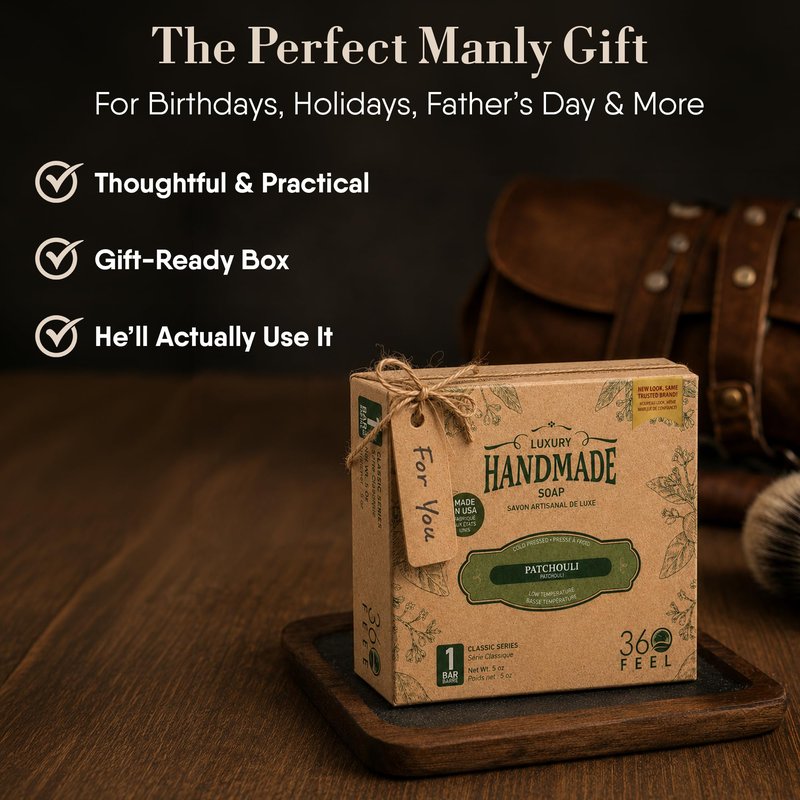 360 Feel Patchouli Bar Soap - Made in the USA - Castile Handmade All Natural Cold Processed - Infused with Artisanal Scent for Relaxation & Calm - Rich, Creamy Lather (5oz, 4-Pack)