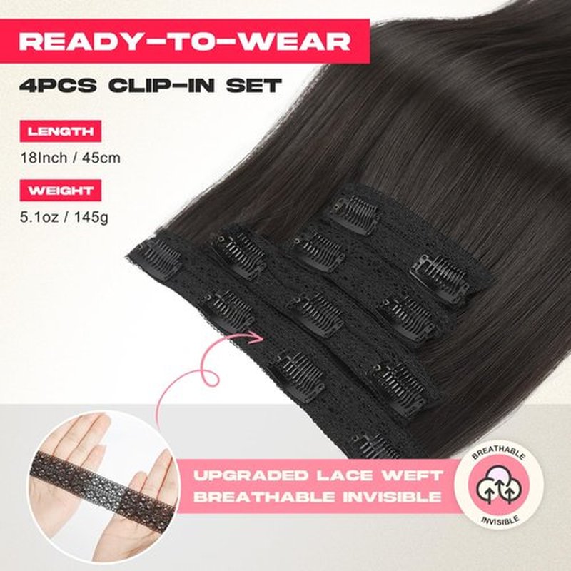 NTYNTY Hair Extensions, 4PCS 18" Clip in Hair Extensions Layered Cut Natural Lightweight Hairpieces with Thinner Softer Invisible Weft for Women - Off Black