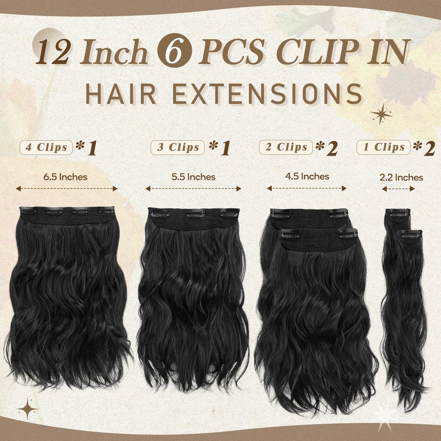 BARSDAR Wavy Clip in Hair Extensions - 12 Inch Black Clip in Hair Extensions for Women - 6PCs Full Head Thick Soft Synthetic Clip in Hairpieces Daily Party Halloween - Natural Black
