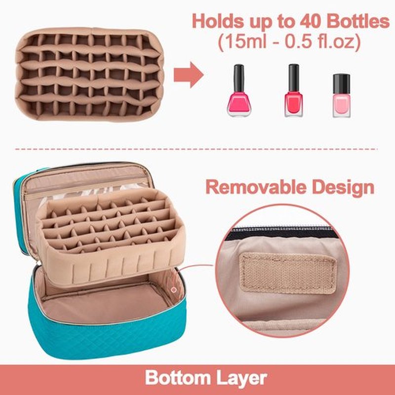 Yarwo Nail Polish Organizer Case Holds 50 Bottles(15ml/0.5 fl.oz) and Nail Lamp, Double Layers Nail Polish Bag with Adjustable Dividers for Nail Art Tools, Teal (Bag Only, Patent Design)