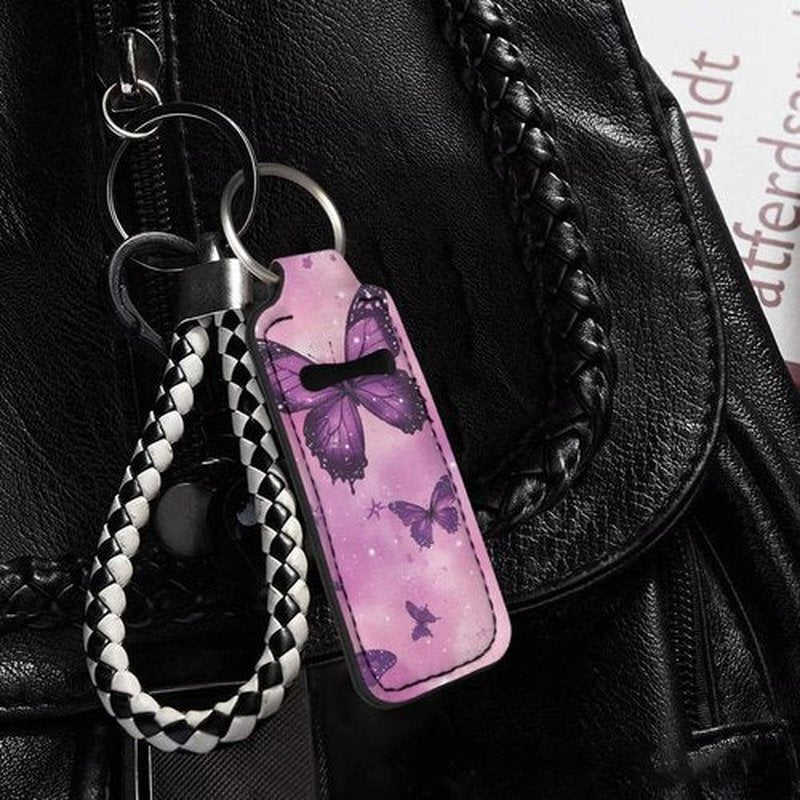 SEANATIVE Purple Butterfly 5 Pieces Lipstick Keychain Holder Lip Balm Holder Keychain Clip on Sleeve Chapstick Lip Gloss Holder Colorful Lipstick Pocket Keychain Bag Accessories for Women