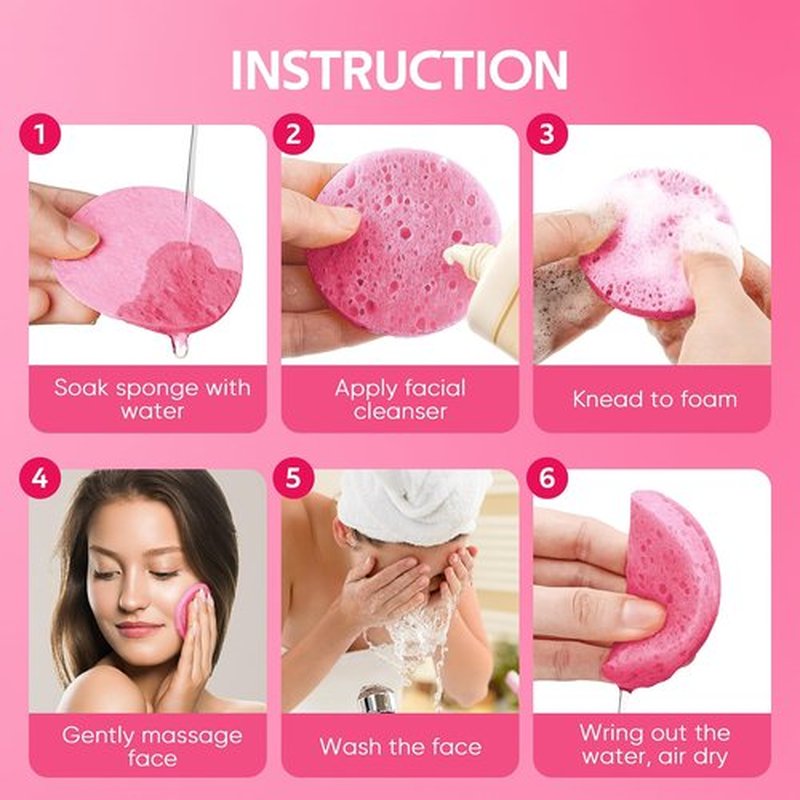 GAINWELL 50-Count Compressed Facial Sponges for Daily Facial Cleansing and Exfoliating, 100% Natural Cosmetic Spa Sponges for Makeup Remover, Reusable, Pink