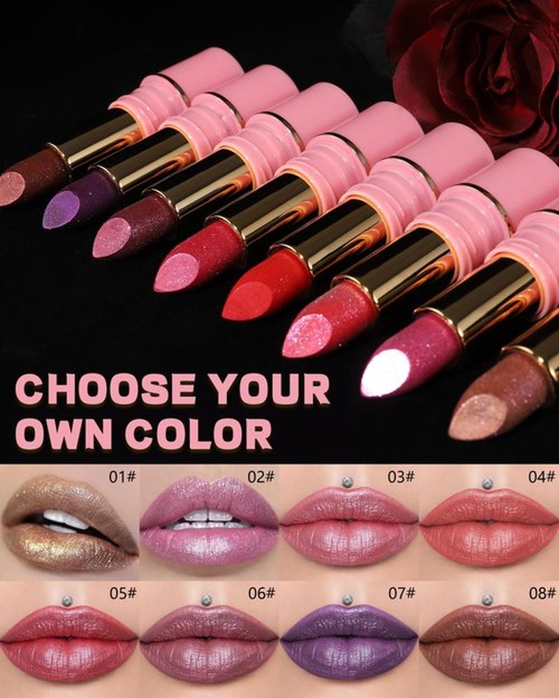 Glitter Metallic Shimmer Lipstick Long Lasting,High Shine Glitter Diamond Creamy Red Color Matte Lipstick Transfer Proof Non-Stick Lip Gloss Shimmer High Impact Full Coverage Lip Makeup for Women-01