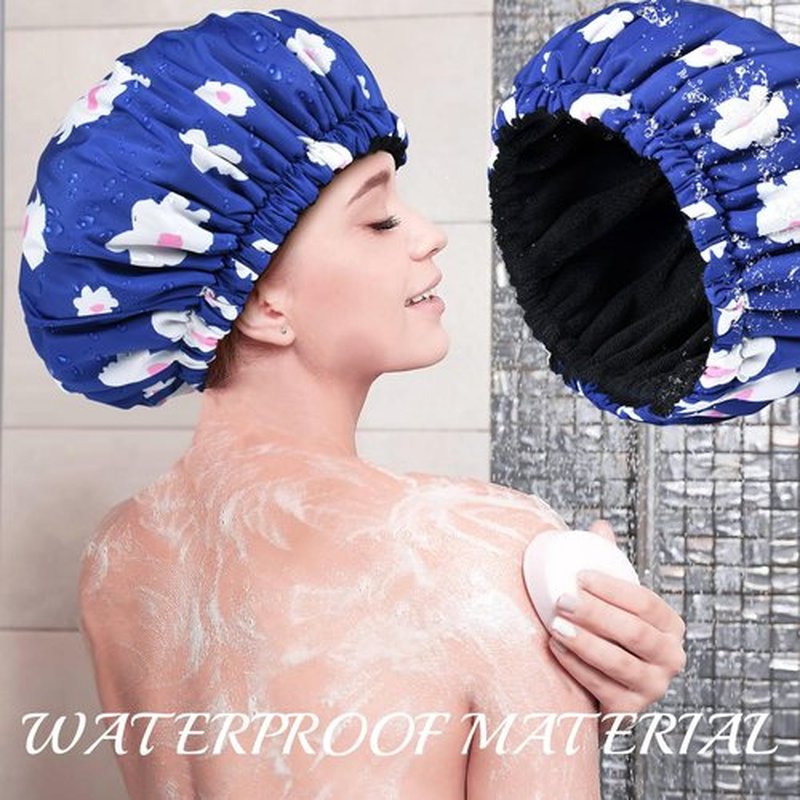 Shower Cap for Women Terry Lined Bath Cap Large Reusable Waterproof Elastic Band Blue Shower Caps for Long Thick Hair Soft Bath Shower Hair Caps