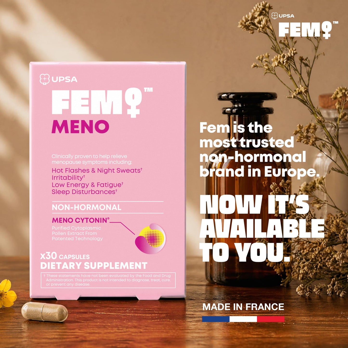 FEM Meno Menopause Supplements for Women - Non-Hormonal Menopause Relief for Hot Flashes & Night Sweats - Hormone Balance Support for Sleep, Mood & Energy - 30 Capsules