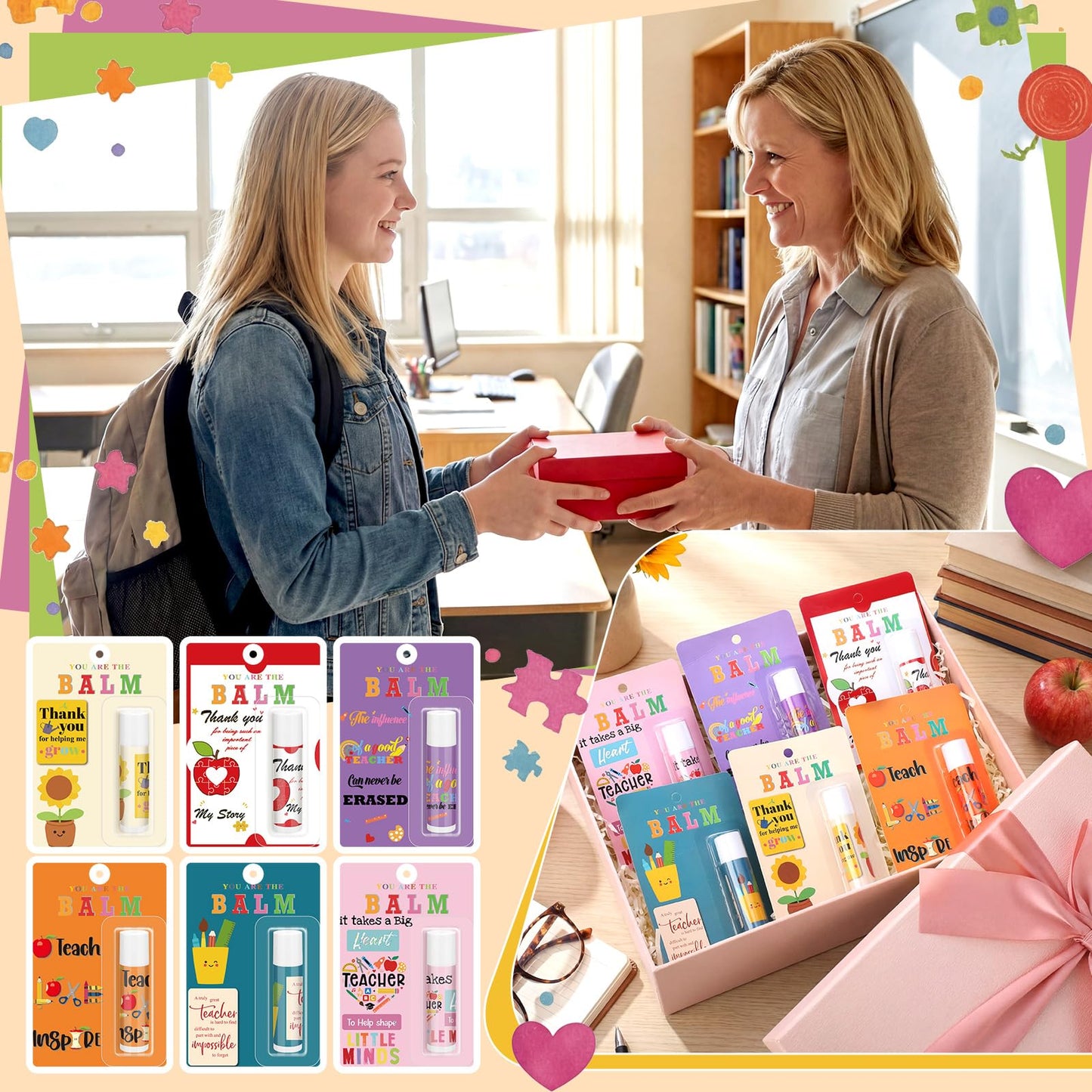 Leelosp 6 Sets End of the Year Teacher Gifts You Are the Balm Lip Balm Bulk with Inspiring Card Back to School Small Appreciation Gifts for Teacher Staff Student School Classroom
