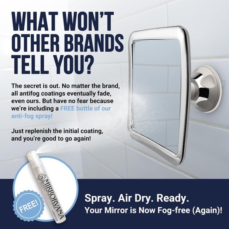 MIRRORVANA Fogless Shower Mirror for Shaving with Upgraded Suction-Cup, 1X Magnifying, 6.3 x 6.3 Inch (Chrome Frame, Grey Suction)