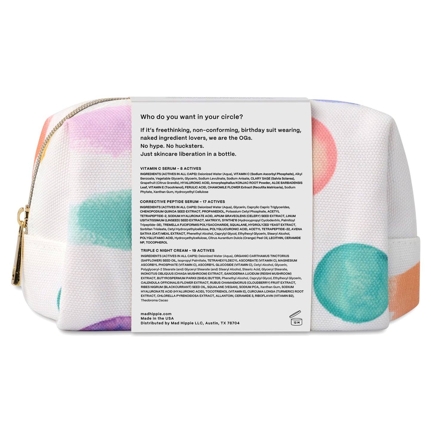 Mad Hippie Holiday Bag, Skin Care Travel Set – Vitamin C Serum, Corrective Peptide Serum, Triple C Night Cream (0.5 Oz Ea) + 3 Assorted Sachets, Gifts for Women (7 Piece Set)