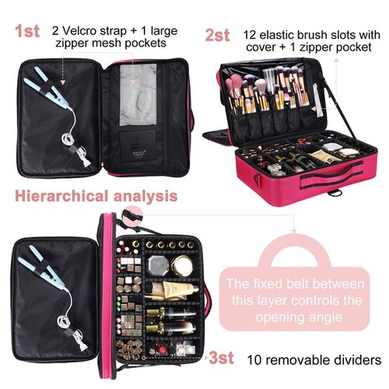JOURMON Makeup Case Travel Makeup Train Case Organizer Cosmetic Bag Portable with Adjustable Dividers and Shoulder Strap for Makeup Brushes Toiletry Travel Accessories(Rose Red, L)