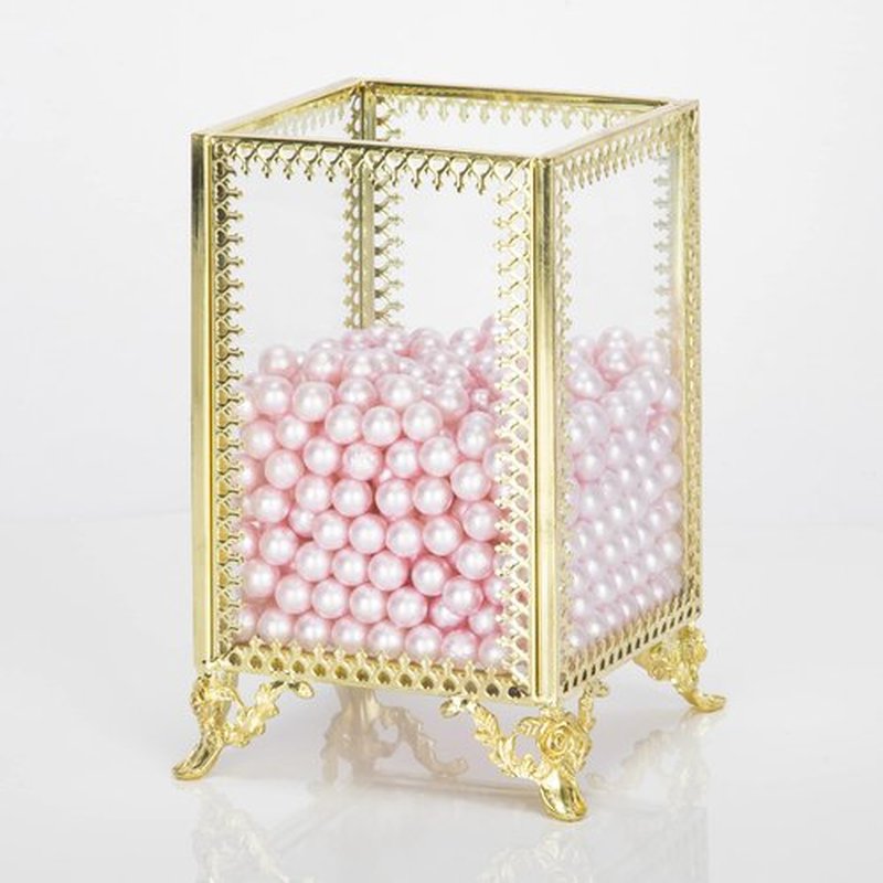 Makeup Brush Holder Vintage Glass Handmade Organizer with Pink Pearls for Nail Brush, Vanity, Bathroom, Dresser, Countertop - Gold
