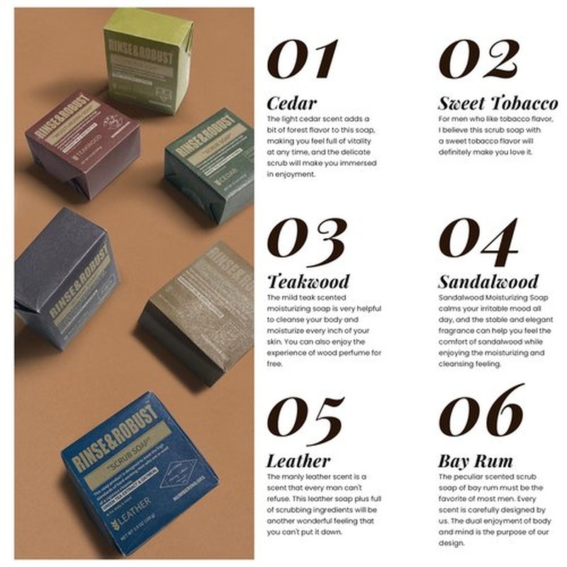 Rinse & Robust Mens Bar Soap 6Pcs Cleansing All Natural Handmade Mens Soap Bar Set Moisturizing&Exfoliating Oatmeal Scrub Soap Gift for Men Body&Hand All Skin Type|6 Different Scents |5.3 oz of 6 Bars