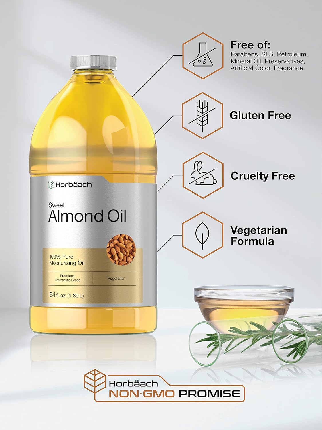 Horbäach Sweet Almond Oil 64 fl oz | for Hair and Skin | Cold Pressed & Hexane Free | Bulk Size Carrier Oil | Vegan, Non-GMO, Cruelty Free