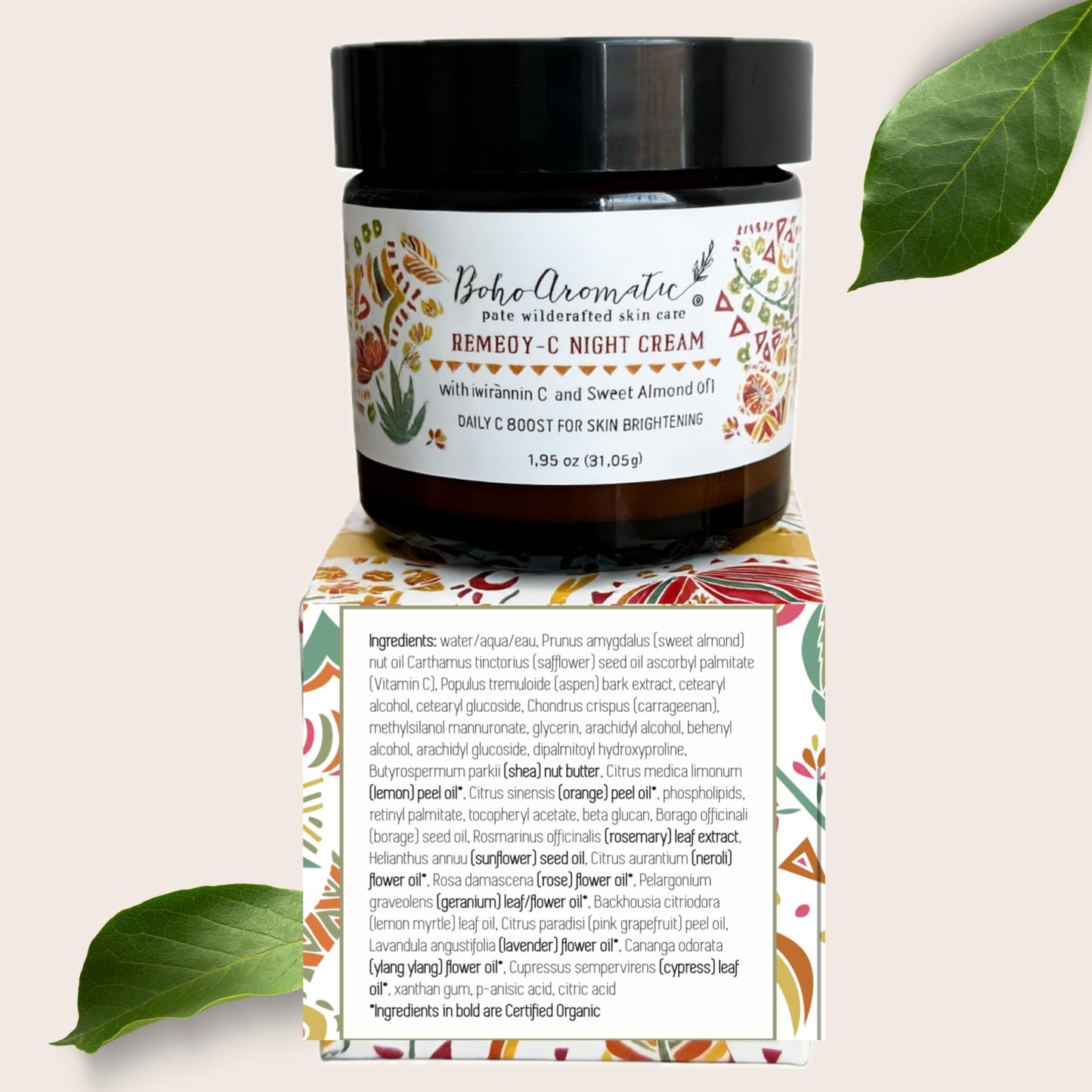 Vitamin C Night Cream for Face, Brightening Vitamin C Moisturizer Face Cream – Hydrating Rich Night Serum Cream in Eco-Friendly Glass Jar, cruelty free by Boho Aromatic Remedy-C