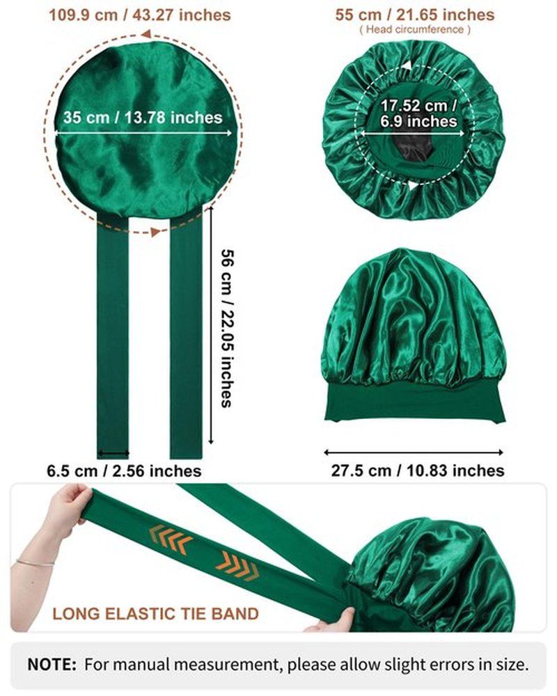 Satin Bonnet for Women Silk Bonnets for Sleeping Curly Hair Bonnet with Elastic Tie Band Reversible Double Layer Sleep Cap Hair Wrap (Black + Green)