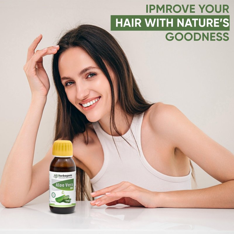HERBOGANIC Natural Aloe Vera Oil - 100% Cold Pressed, Nourishing for Skin, Hair, and Eyelash Growth,Aloe Vera Massage Oil,