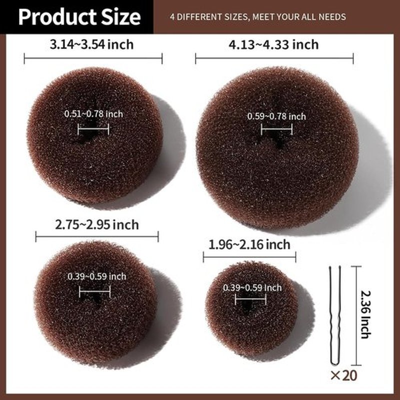 Hair Bun Maker for Women, 4pcs Donut Bun Maker for Kids in 4 Sizes, Magic Hair Donut for French Twist, Wrap, Snap Disk - Ballet Bun Maker,20pcs Bobby Pins Dark Brown