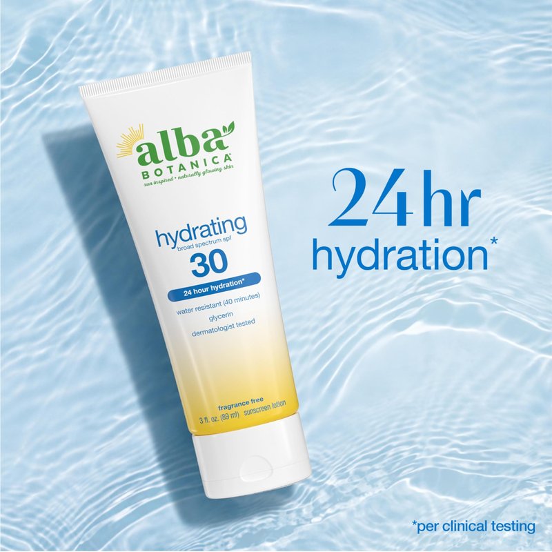 Alba Botanica Hydrating Sunscreen Lotion, SPF 30 Broad Spectrum Protection, 24 Hour Hydration, Water Resistant (40 minutes), Fragrance Free, Oxybenzone-Free, 3 Fl. Oz