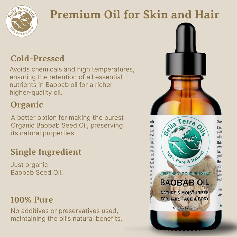 Bella Terra Oils - Baobab Oil 4 oz - Dive into the Essence of African Treasure, Abundant in Antioxidants, Best for Achieving a Silky Skin Glow