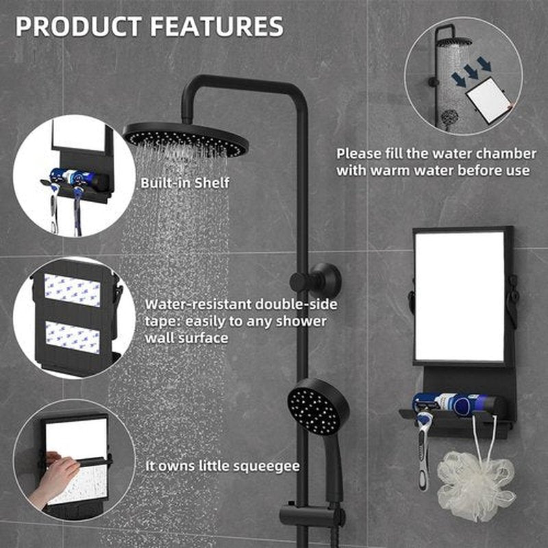APLOP Shower Mirror Fogless and Shower Hook - Dual-Sided 1X/3X Magnification, Anti-Fog Shaving Mirror with Squeegee, Rust-Proof, Black