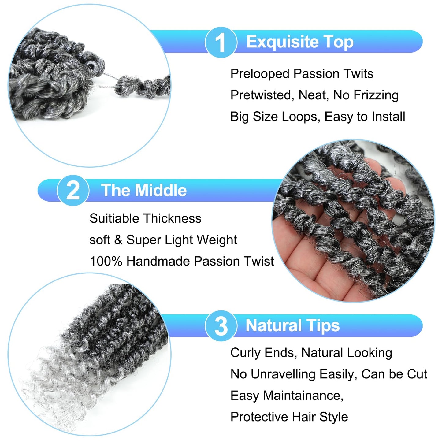Grey Passion Twist Crochet Hair,12 Inch 9 Packs Pretwisted Passion Twist Hair, Soft Pre Looped and Pre twist Crochet Hair For Women,Short Curly Crochet Braids(12",9bundles,1B/Gray#)