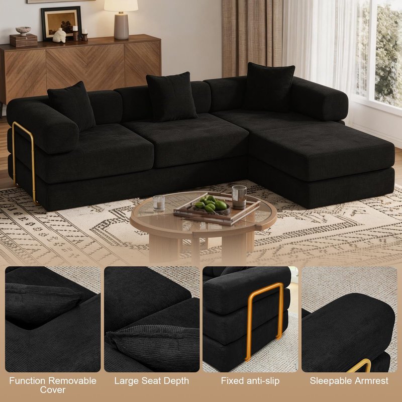 Mojolion Modular Sectional Sofa, 108" L-Shaped Corduroy Couch with Deep Seat, Boneless Cloud Cushion,Modular Sofa Bed with Fixed-Shape Frame for Living Room No Assembly Required (Black)