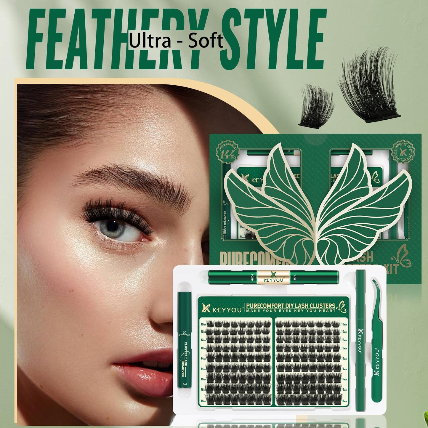 KEYYOU Lash Extension Kit 144pcs Thick Super Soft Lash Clusters with Lash Bond and Seal Lash Glue Remover Lash Applicator and Lash Brush Easy to DIY at Home(PC02-D-10-18MIX)