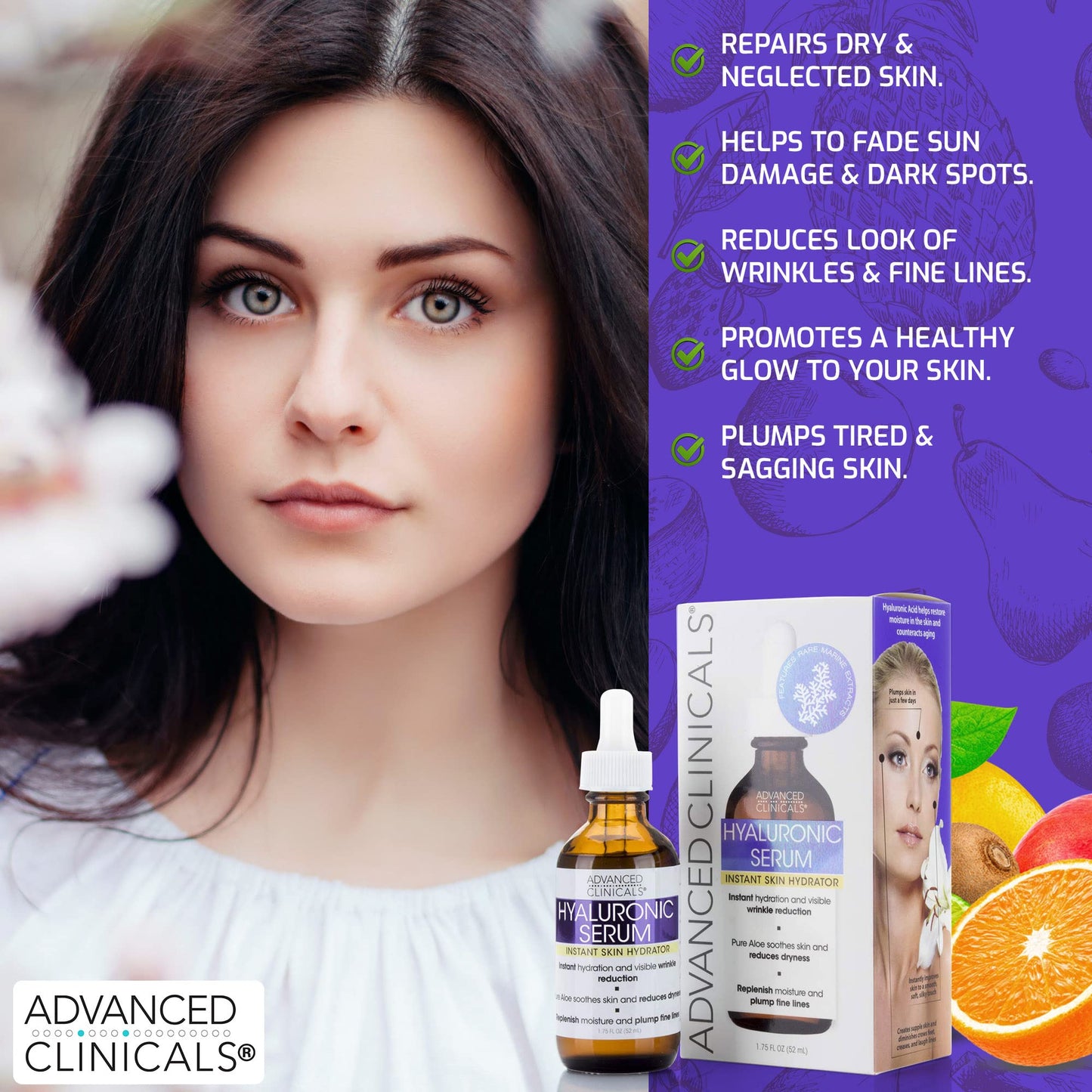 Advanced Clinicals Hyaluronic Acid Face Serum Skin Care Facial Moisturizer To Restore Skin, Anti Aging Face Serum For Wrinkles, Dark Spots, Fine Lines, & Dry Skin, 1.75 Fl Oz (Pack Of 2)
