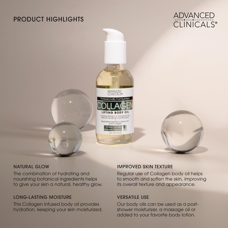Advanced Clinicals Hydrating Collagen Oil For Body & After Shower | Visible Anti Aging Skincare Moisturizer Collagen Body Oils For Women & Men Helps Soften Appearance Of Crepey Skin, Large 12 Fl Oz