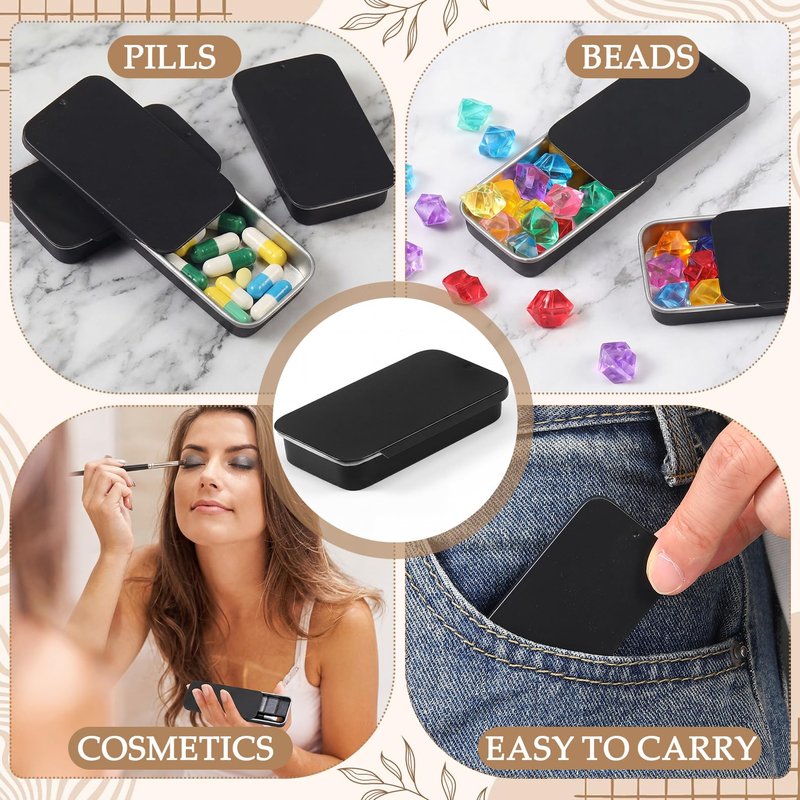 Norme 100 Pcs Black Slide Top Small Tin Containers Rectangular Cosmetics Metal Boxes Small Lip Balm Containers Tin Box Metal Tins with Lids for Lip Balm Jewelry Crafts Pills, 3.15 x 1.38 x 0.43"